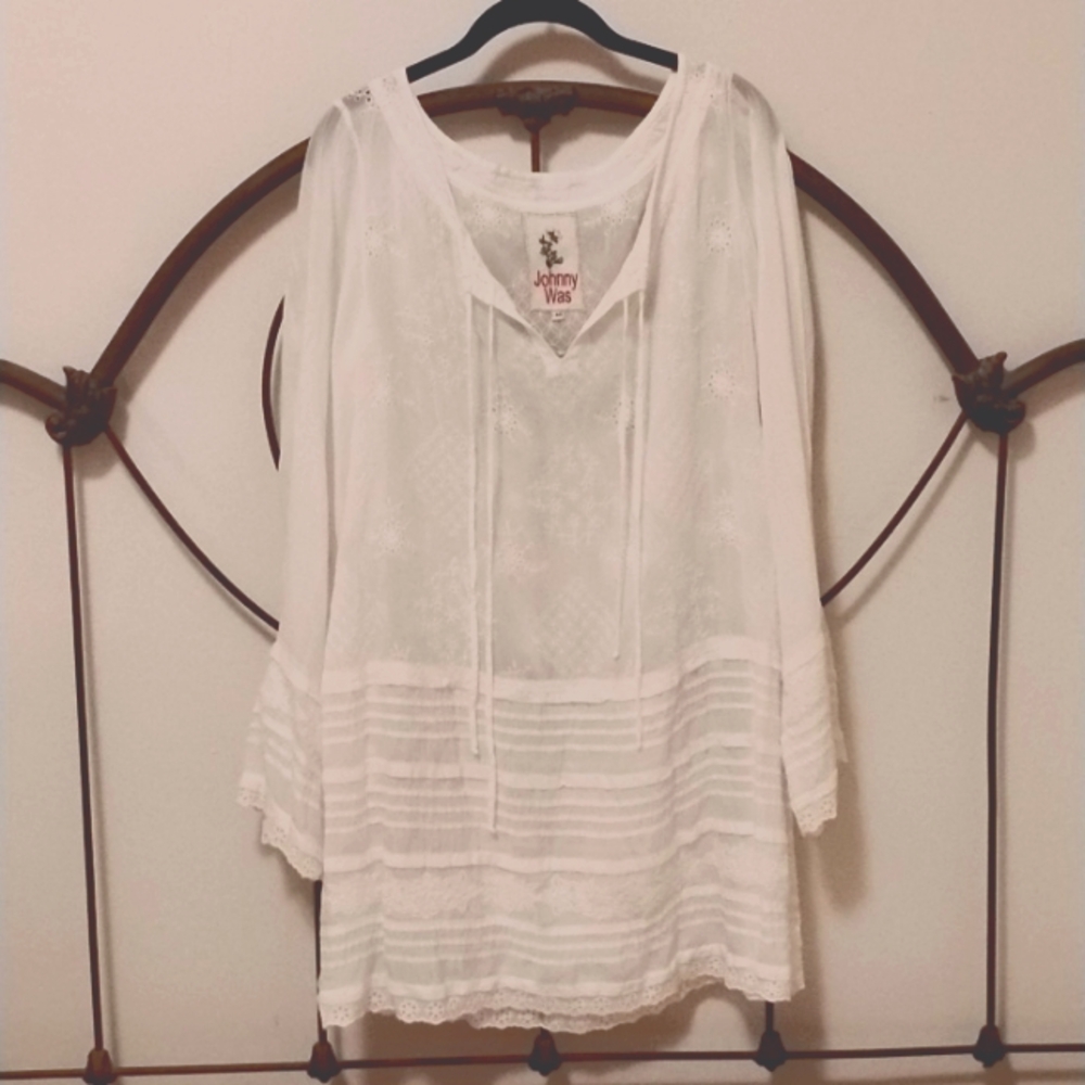 Johnny Was Embroidered Boho Eyelet Lace Tunic Dress Sheer White Size Medium